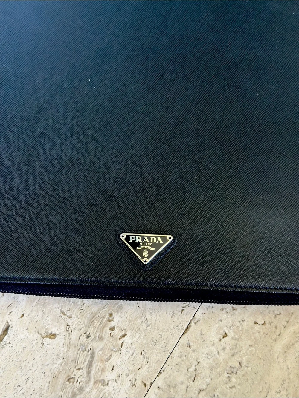 Prada Saffiano Black Leather Zip-around Document Holder in Pristine Condition